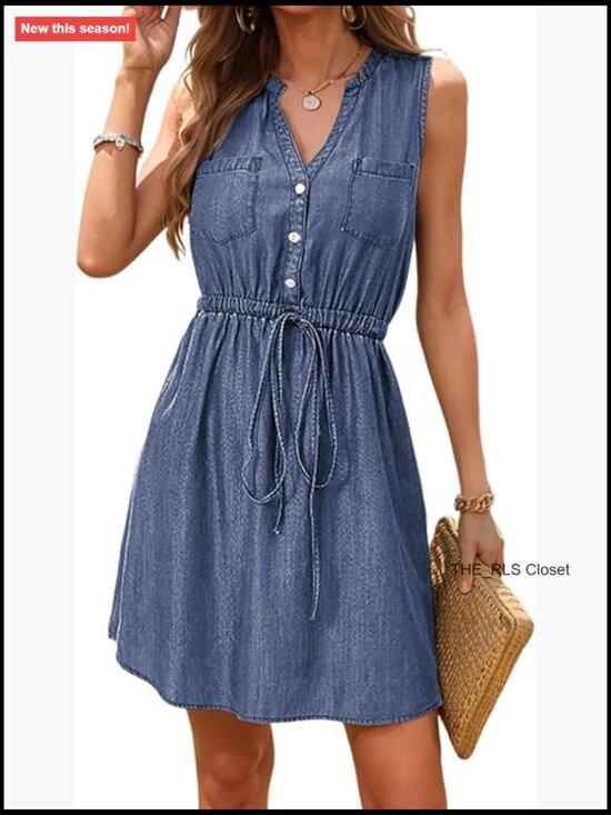 Dresses & Skirts - Lightweight Lyocell V-Neck Sleeveless Button Down Casual Jean Dress